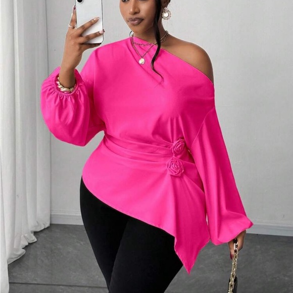 Tops - Plus Size Asymmetrical Off Shoulder Top Blouse Shirt Pink